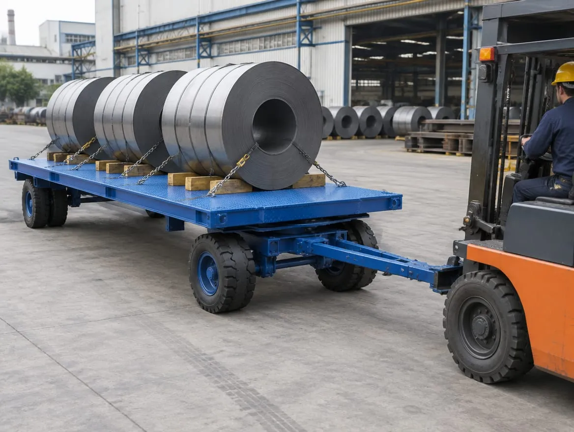 Immagine provvisoria generata, non un lavoro reale: carrello rimorchio industriale a pianale trainato da un muletto.