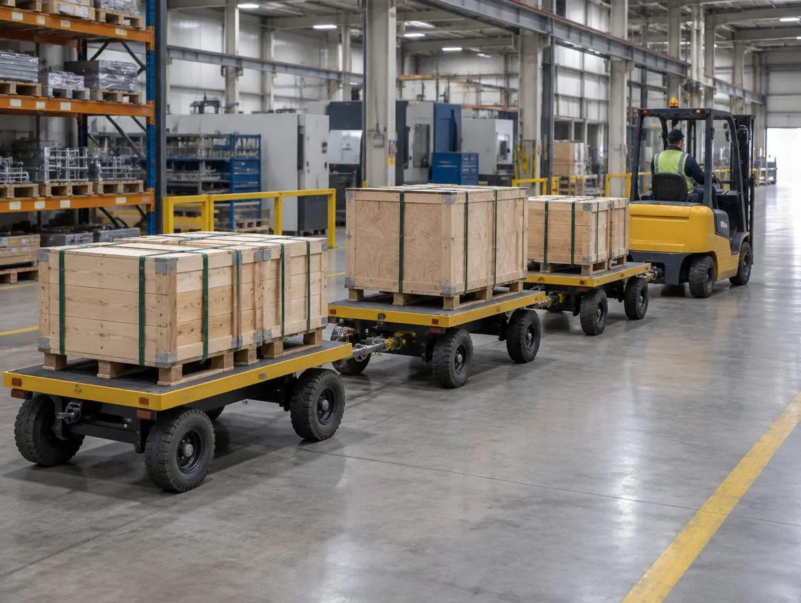 Immagine provvisoria generata, non un lavoro reale: tre carrelli rimorchio collegati in convoglio.