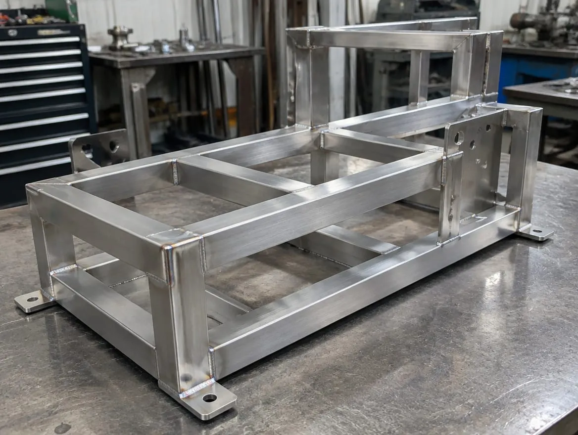 Immagine provvisoria generata, non un lavoro reale: telaio saldato in acciaio inox.