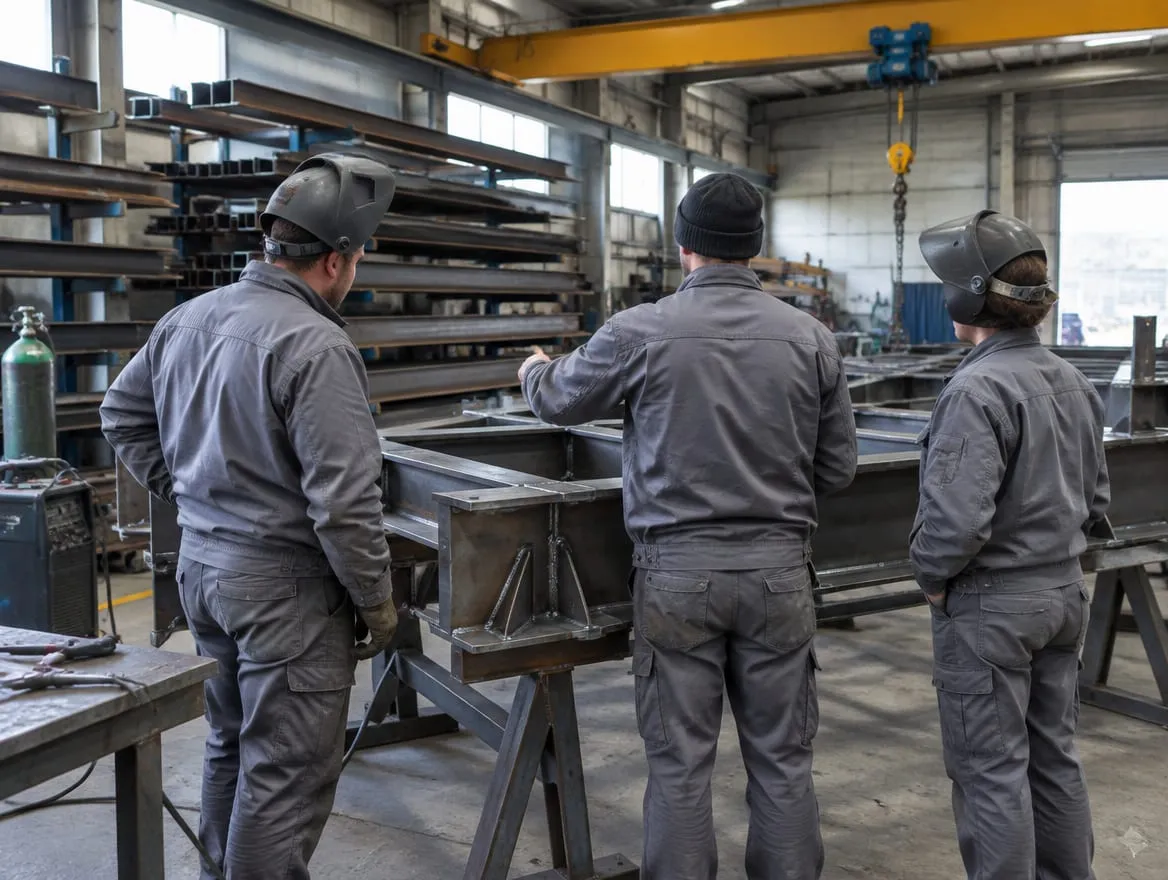 Immagine provvisoria generata, non un lavoro reale: squadra di carpentieri in officina.