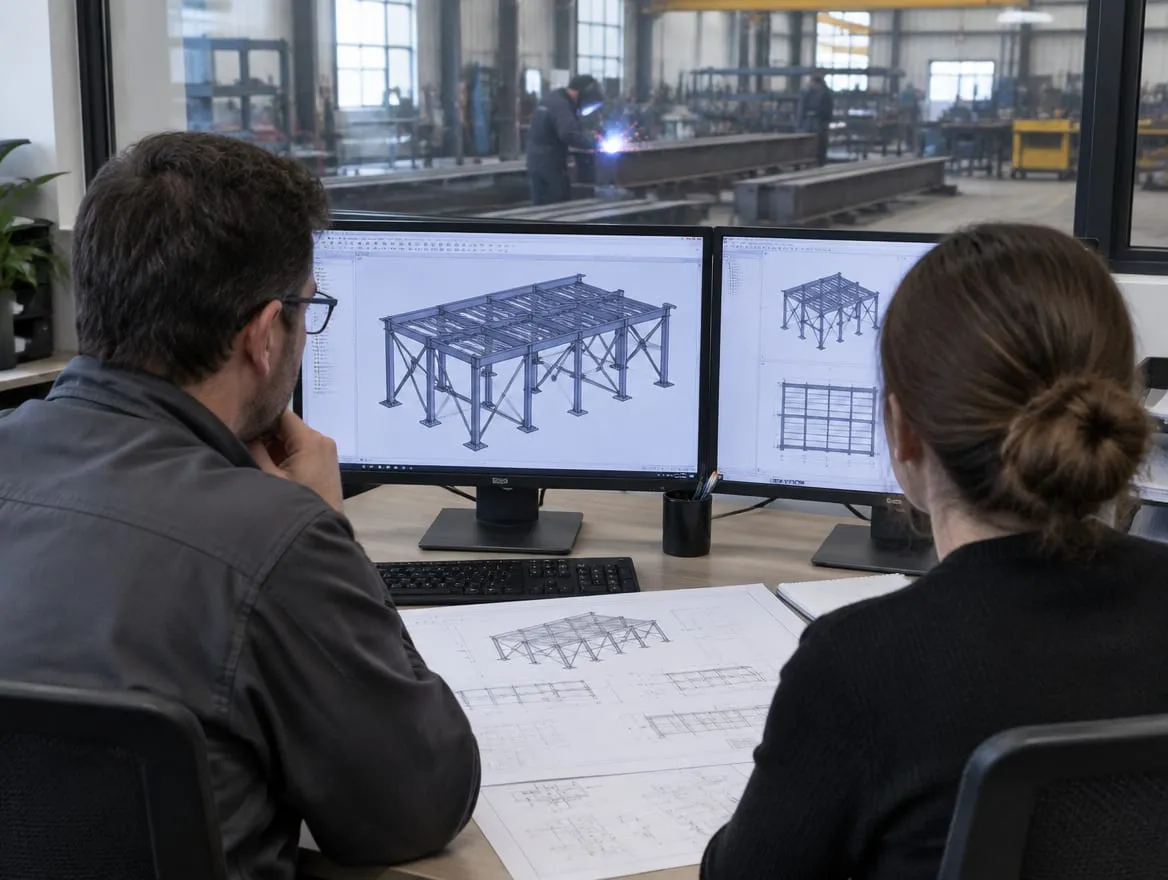 Immagine provvisoria generata, non un lavoro reale: ufficio tecnico al lavoro su un modello 3D di una struttura in acciaio.